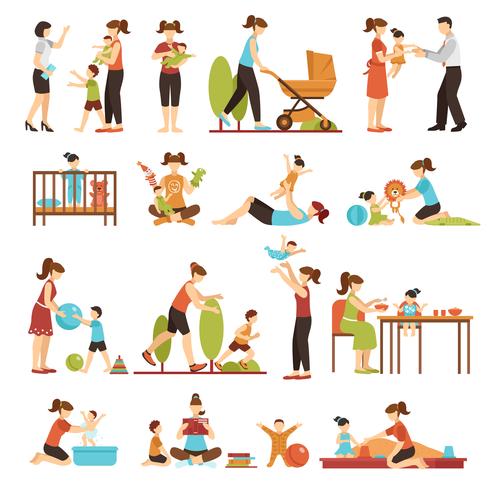 Babysitter Flat Set Of Decorative Colored Icons vector