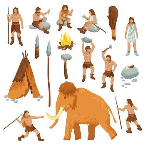 Primitive People Flat Cartoon Icons Set vector