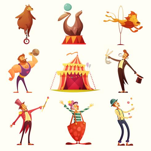 Circus Retro Icons Cartoon Set  vector