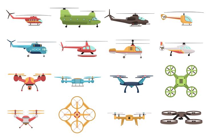 Set de helicópteros y drones vector