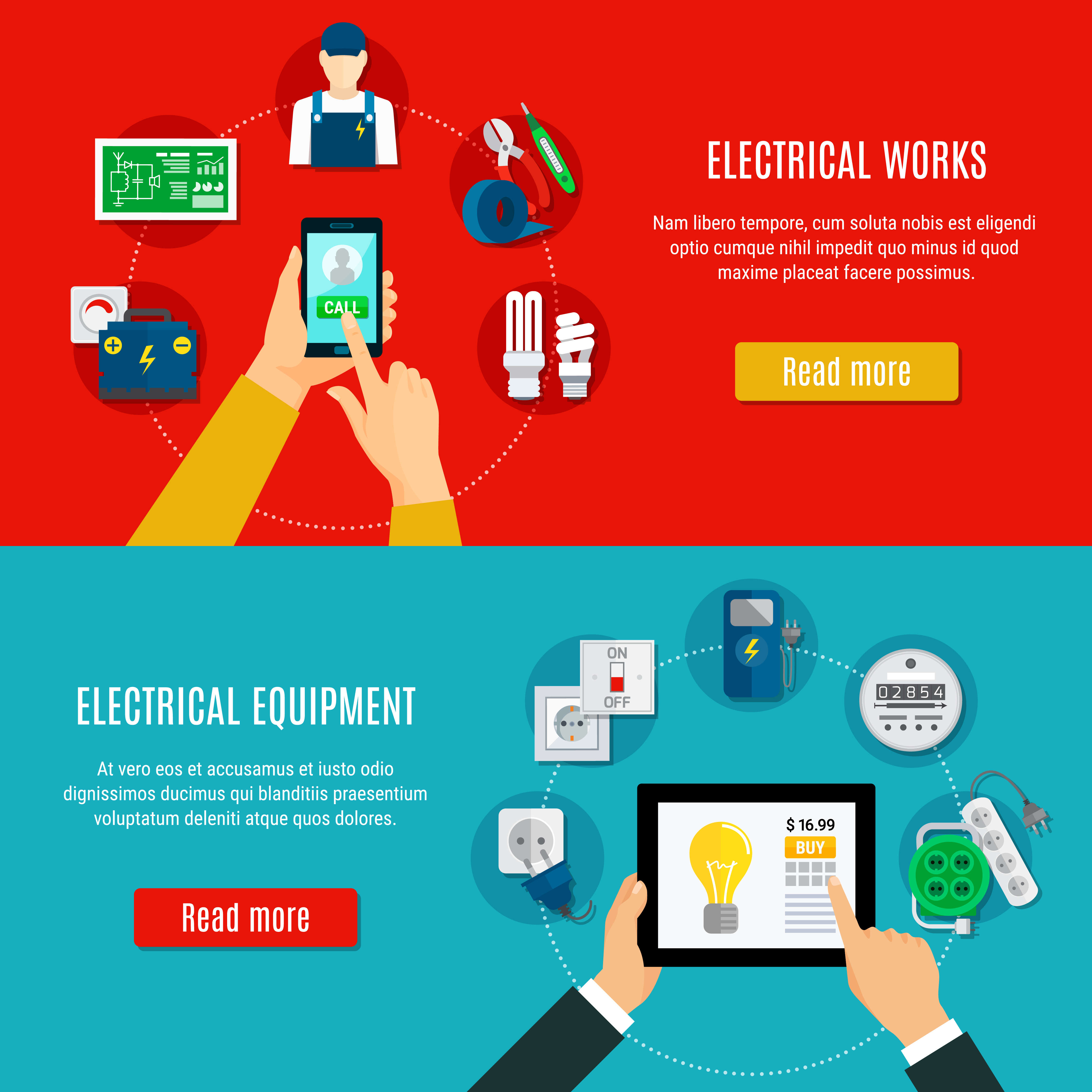 Electrical Equipment And Electrician Horizontal Banners 476269 Vector