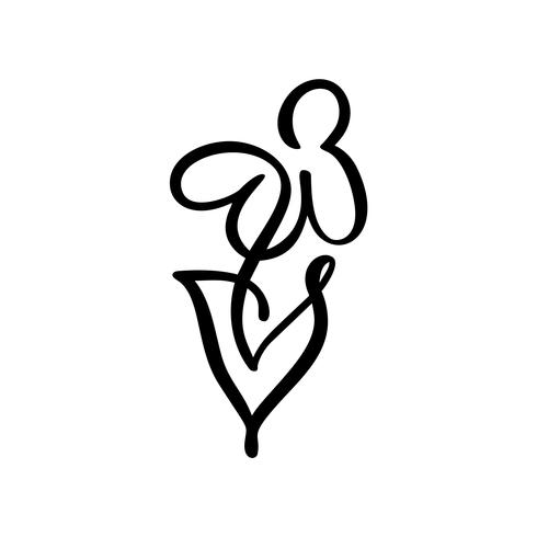 Continuous line hand drawing calligraphic vector flower concept logo spa. Scandinavian spring floral design element in minimal style. black and white