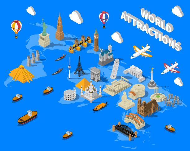 Isometric World Famous Landmarks Map POster vector