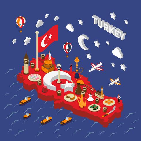 Turkey Touristic  Attractions Isometric Map Poster vector