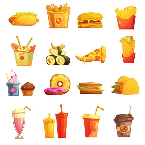 Comida rápida Retro Cartoon Icons Set vector