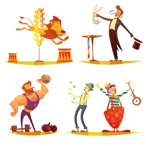 Circus Retro Cartoon 4 icons Square  vector