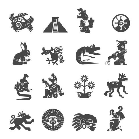 Conjunto de iconos planos de símbolos mayas vector
