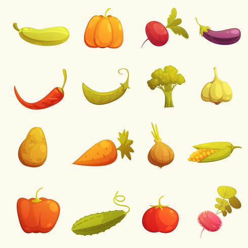 Conjunto de iconos de verduras plana retro vector