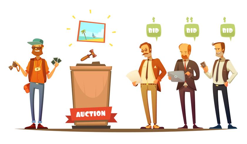 Auction Participants Retro Cartoon Persons Set vector