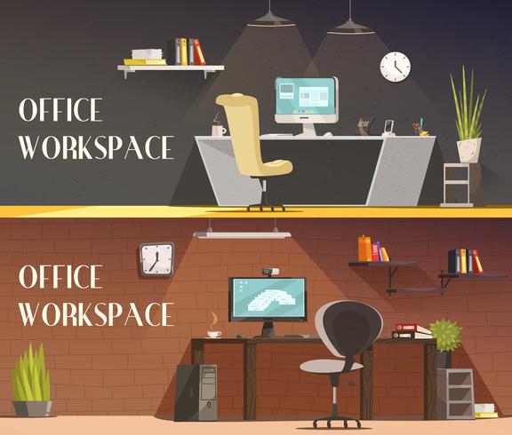 Office Workspace 2 Horizontal Cartoon Banners  vector