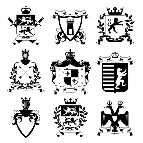 Colección de iconos negros de diseño de emblemas heráldicos vector