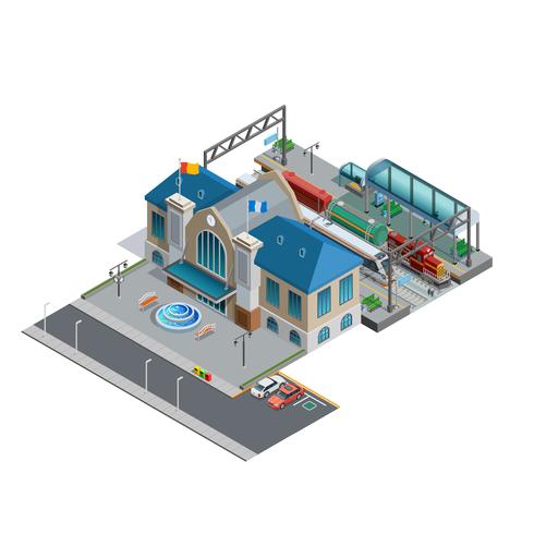 Estación de tren isométrica en miniatura vector