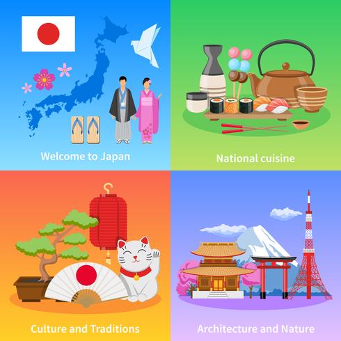 Japón cultura 4 iconos planos cuadrados vector