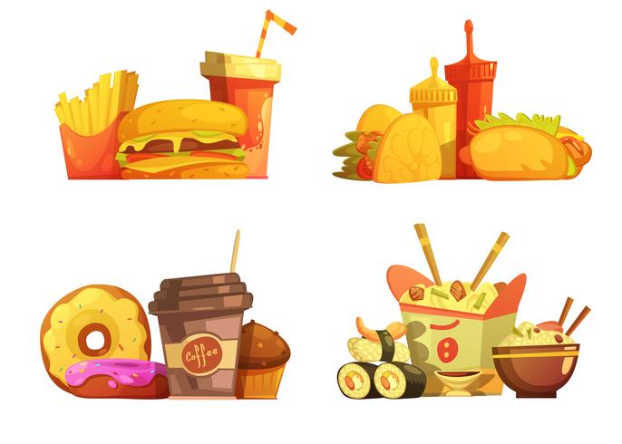 Fast Food Meal Retro Cartoon Set  vector