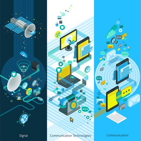 Banners verticales isométricos de telecomunicaciones vector