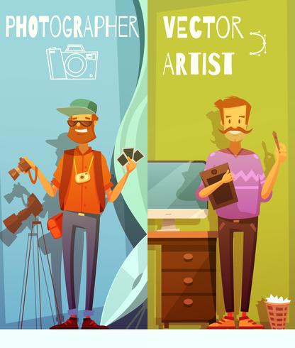 Dos banderas con divertido fotógrafo y artista vector