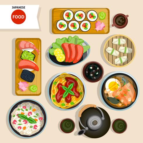 Conjunto de vista superior de comida japonesa vector