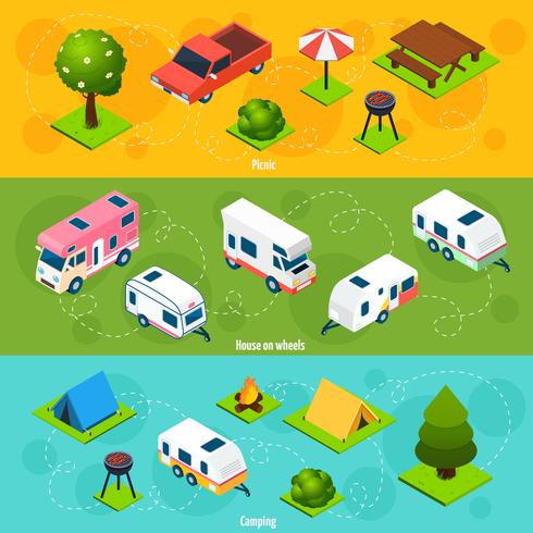 Camping And Travel Isometric Horizontal Banners vector