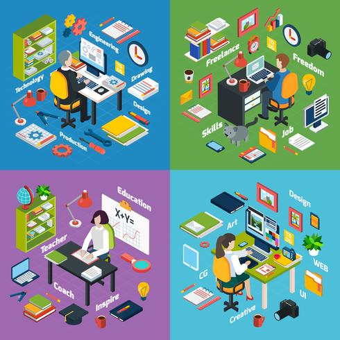  Professional Workplace Isometric 4 Icons Square  vector