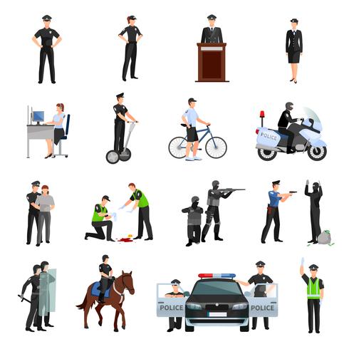 Conjunto de iconos de colores planos de gente de policía vector