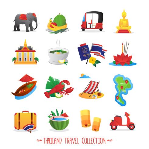 Colección de iconos planos de viaje de Tailandia vector