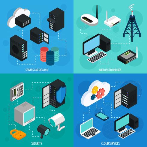 Conjunto de iconos isométricos del centro de datos 2x2 vector