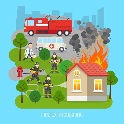  Firemen At Work Concept Flat Poster  vector