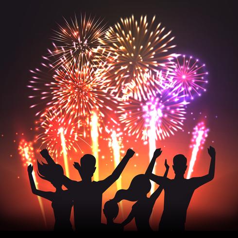 Festive firework black human silhouettes poster vector