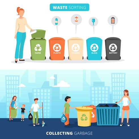 Waste Sorting Recycling Flat Banners Set  vector