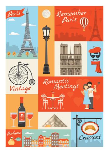 France Paris Vintage Style Icons Set vector