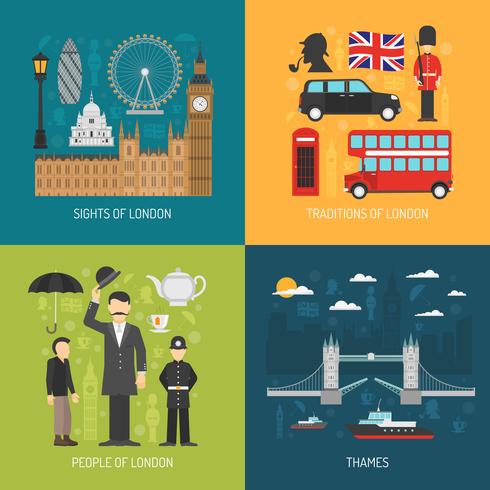 Londres concepto 4 iconos planos cuadrados vector