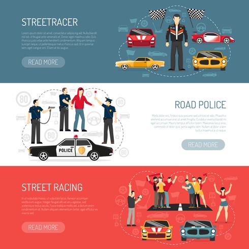 Street Racing Flat Horizontal Banners Set  vector