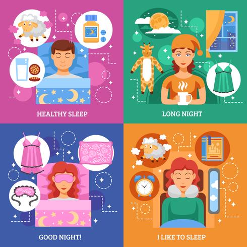 Healthy Sleep Concept Flat Icons Square  vector