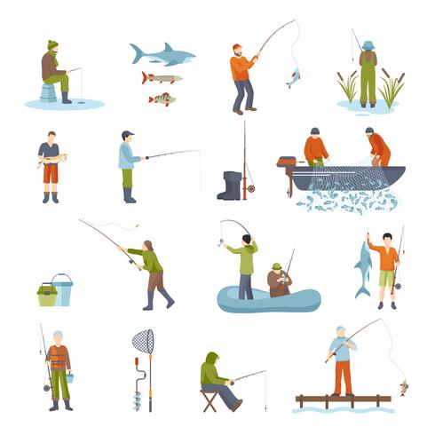 Pesca personas peces y herramientas iconos conjunto vector