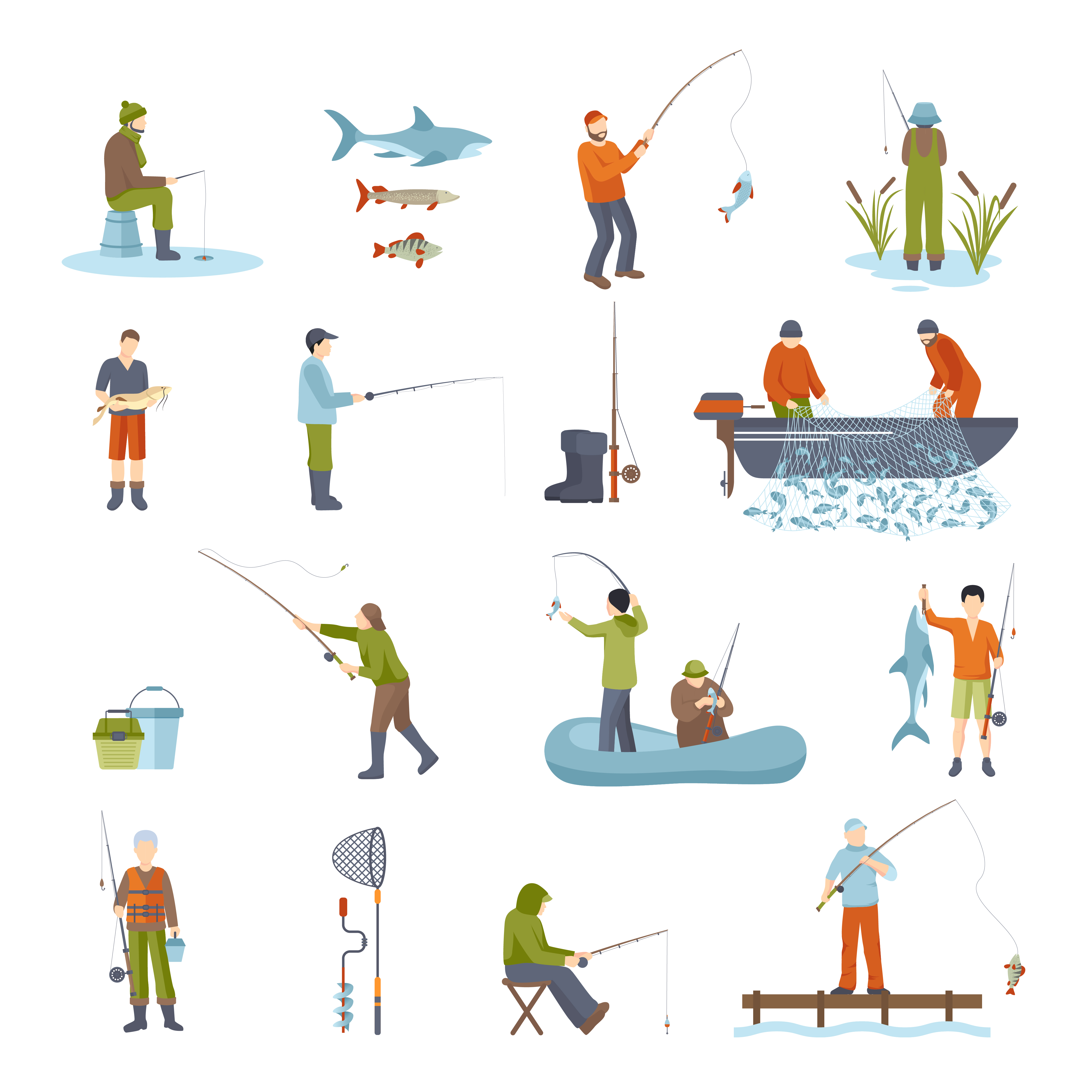 conjunto de pesca un conjunto de herramientas para la pesca. estilo  garabato. ilustración vectorial.caña de pescar, anzuelo, flotadores.  8079878 Vector en Vecteezy