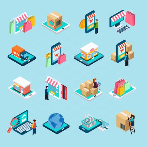 Mobile Shopping Isometric Icons Set vector