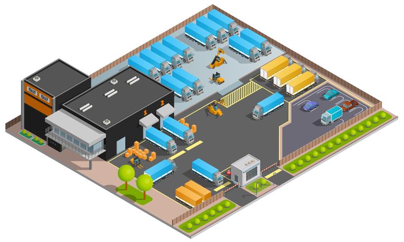 Concepto de diseño isométrico del transporte del cargo del camino vector