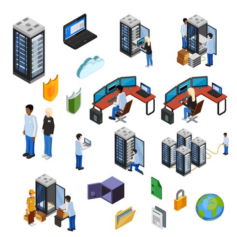 Conjunto de iconos aislados isométricos del centro de datos vector