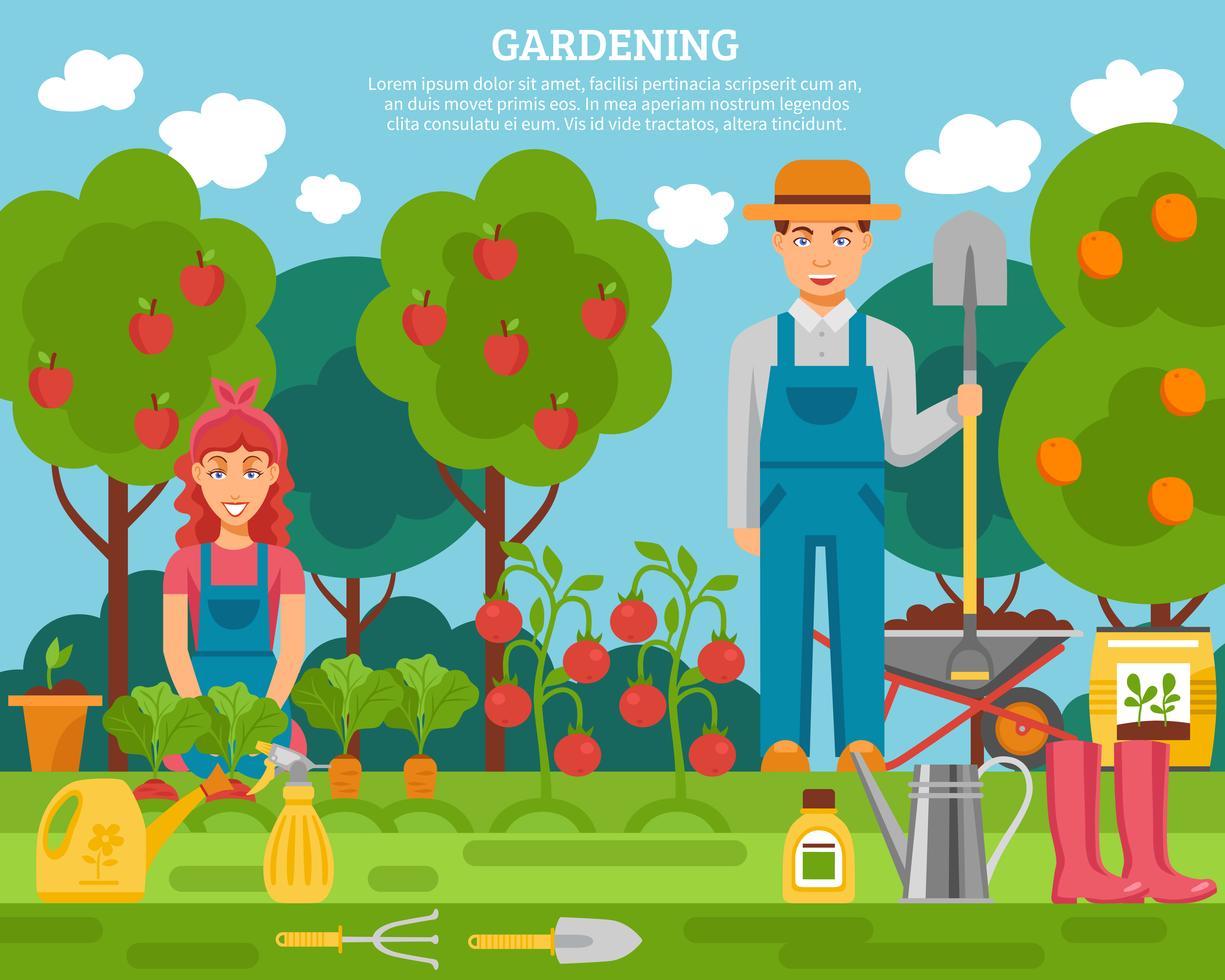 Farmer family concept colorful poster with growing fruits vegetables