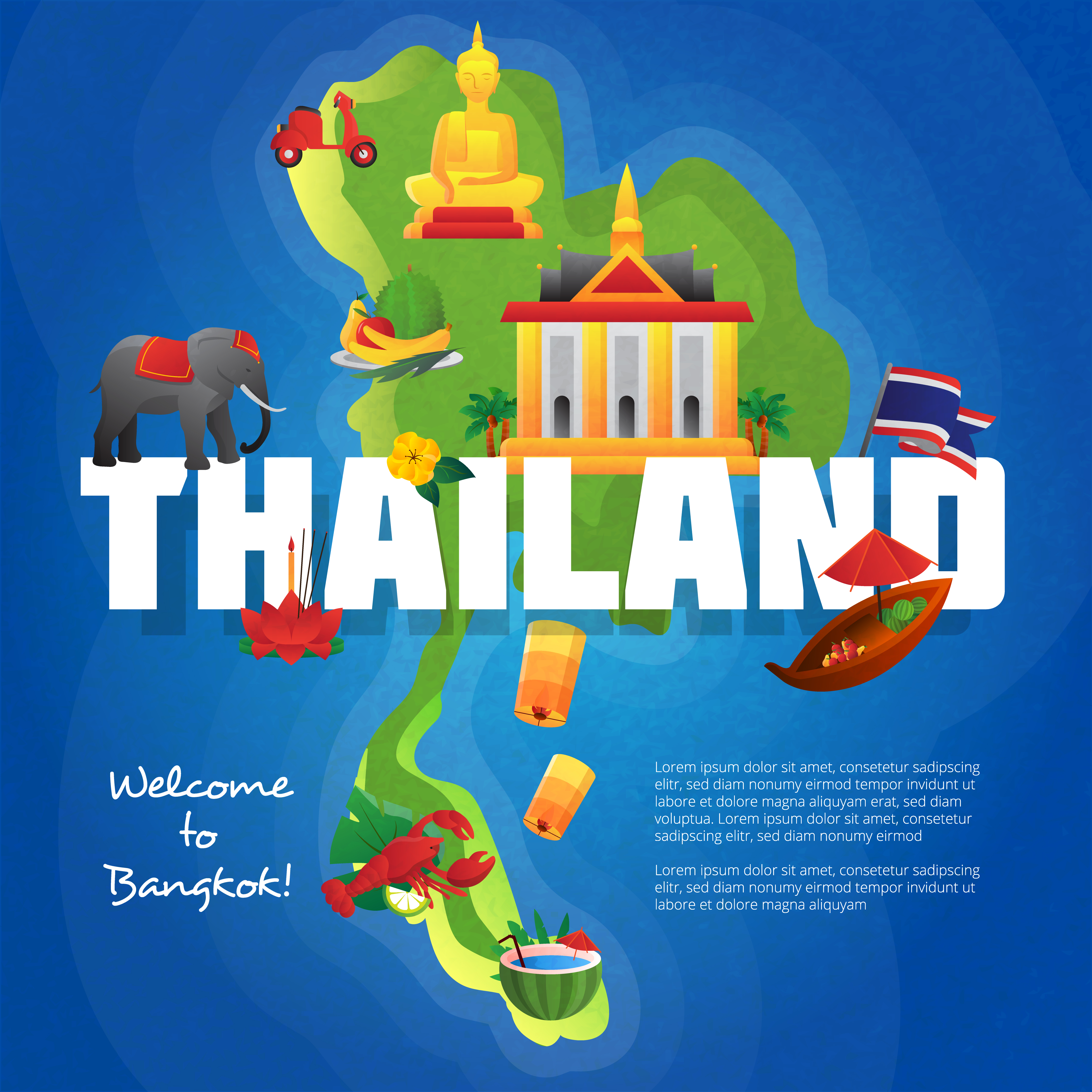 Thailand Cultural Symbols Flat Map Poster 477590 Vector Art at Vecteezy