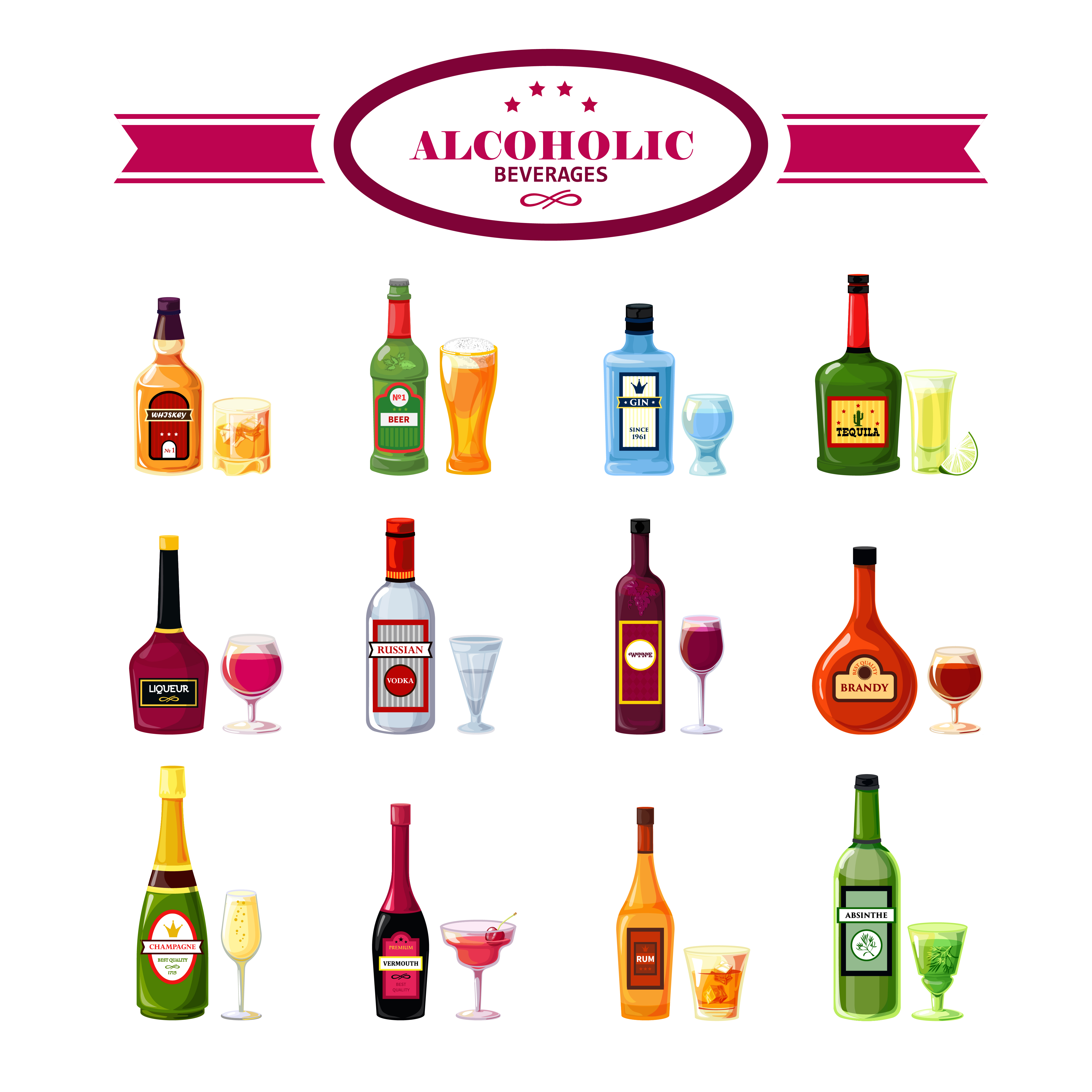 Alcoholic Beverages Drinks Flat Icons Set 477678 Vector Art at Vecteezy