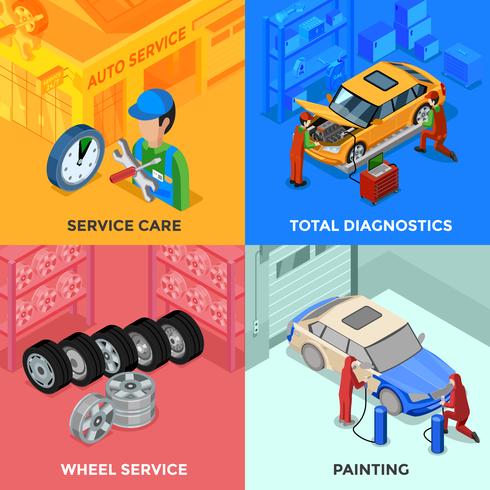 Servicio de coche concepto de diseño isométrico 2x2 vector