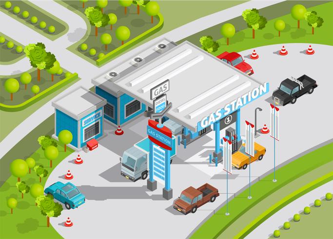 Isometric Composition Of Gas Station vector