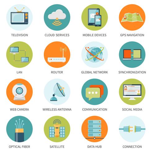 Iconos de telecomunicaciones en círculos de colores vector