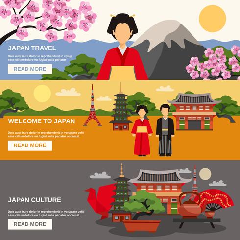 Conjunto de banners horizontales de cultura japonesa 3 vector