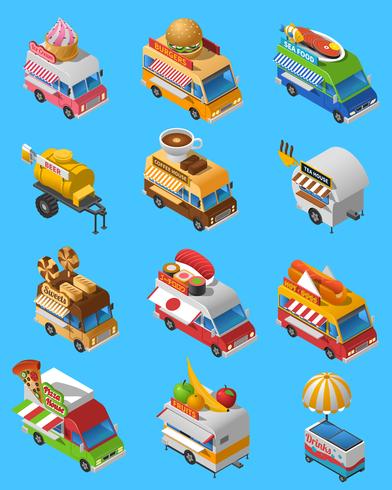 Street Food Trucks Isometric Icons Set vector