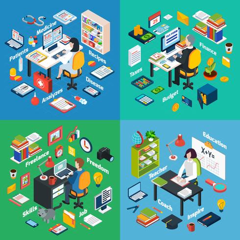 Professional Workplace Isometric 4 Icons Square  vector