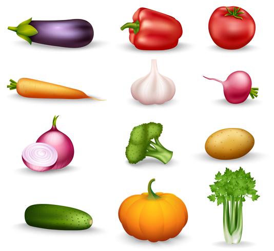 Vegetales alimentos saludables iconos de colores vector