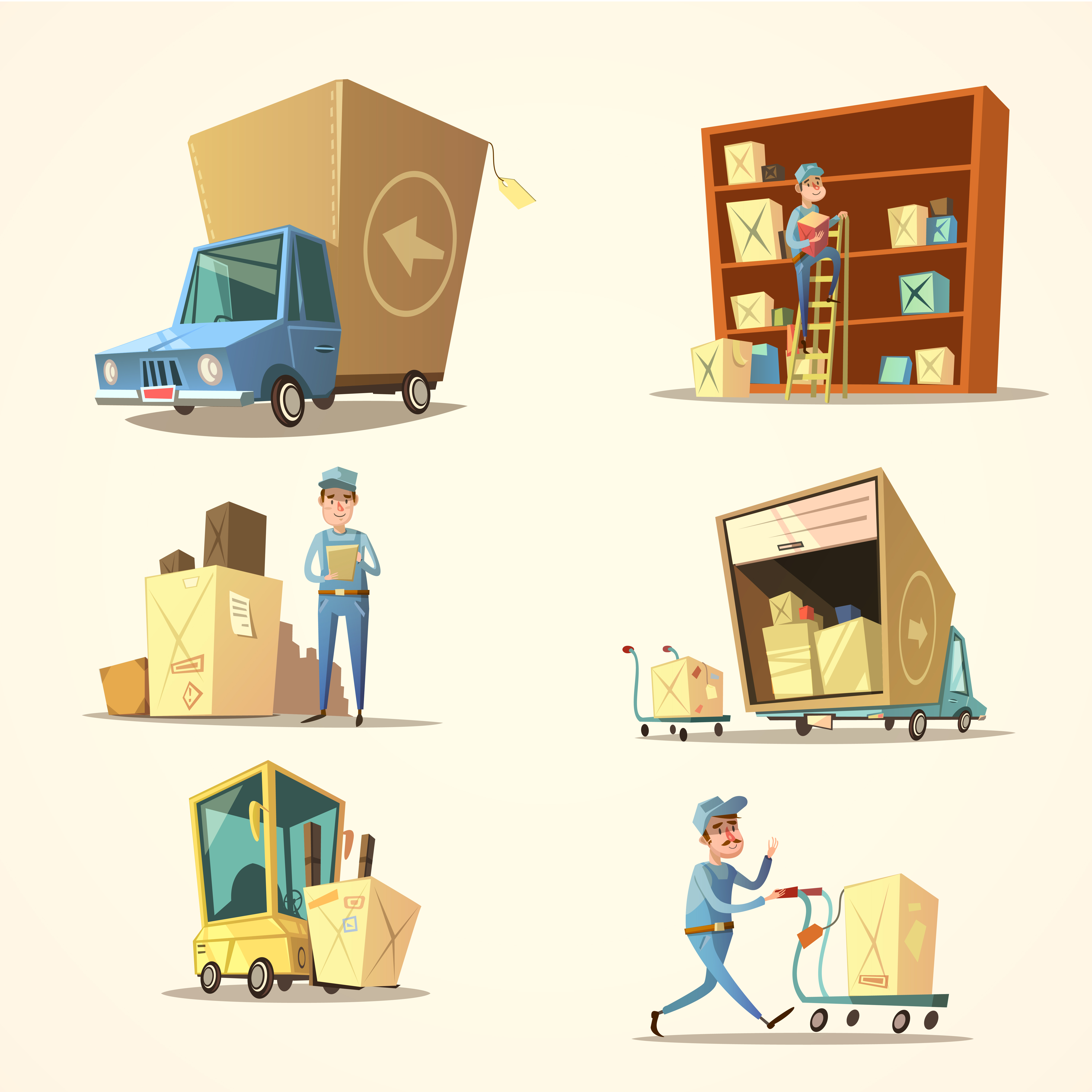 Warehouse retro cartoon set Download Free Vectors Warehouse retro cartoon set Download Free Vectors