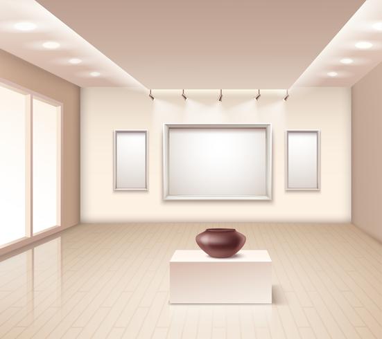 Interior de la galería de exposiciones con jarrón marrón vector